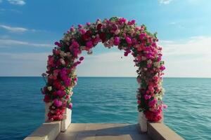 fiore arco su il spiaggia. nozze installazione. ai generato foto