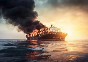 il nave è su fuoco a mare. fuoco su il nave. ai generato foto