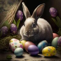 contento Pasqua uova Pasqua coniglietto 4k HD ai generato immagini per sfondo e Pasqua auguri foto