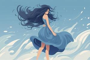 illustrazione di donna con fluente capelli danza nel il oceano, creato con generativo ai foto