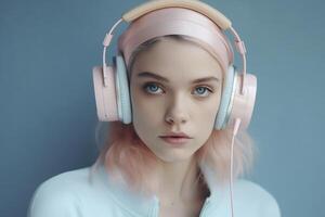 giovane donna list musica con senza fili cuffie creato con generativo ai foto