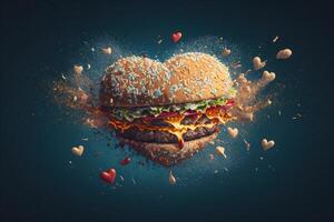 hamburger nel cuore forma con poco cuori esplodere. ai generato foto