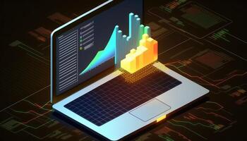 applicazione di il computer portatile con attività commerciale grafico e analitica dati su isometrico il computer portatile . analisi tendenze e finanziario strategia di utilizzando Infografica grafico. in linea statistica e dati analitica. ai generato foto