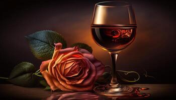 bicchiere di vino con rosa per romantico atmosfera. ai generato foto