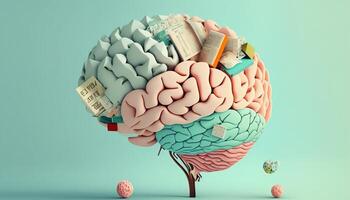 Vintage ▾ 3d cervello apprendimento con libri su blu sfondo. generativo ai illustrazione foto