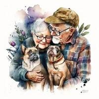 ai generativo acquerello illustrazione di adorabile anziano uomo e donna Abbracciare una persona carino francese Bulldogs contro viola fiori foto