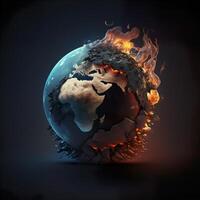 generativo ai illustrazione di fuoco fiamme ardente terra dopo globale riscaldamento contro nero sfondo foto