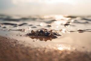 spruzzi onda su sabbioso riva con scintillante luce del sole su acqua. generativo ai. foto