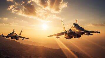 militar aereo volante al di sopra di il nuvole nel sorprendente tramonto. generativo ai. foto