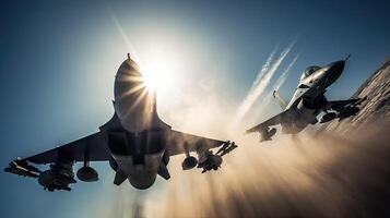 militare combattente aereo a alto velocità, volante alto nel il cielo. generativo ai foto