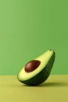 un' metà di avocado su colore bloccare giallo e verde sfondo. ai generato. foto