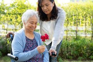 badante Aiuto asiatico anziano donna Tenere rosso rosa fiore, Sorridi e contento nel il soleggiato giardino. foto