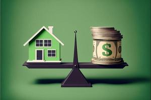 bilancia con Casa su uno lato e i soldi su il Altro, sfondo. digitale illustrazione. ai foto