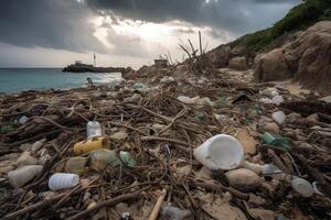 rovesciato spazzatura su il spiaggia di il grande città. vuoto Usato sporco plastica bottiglie. sporco mare sabbioso riva il nero mare. ambientale inquinamento. ecologico problema. generativo ai. foto