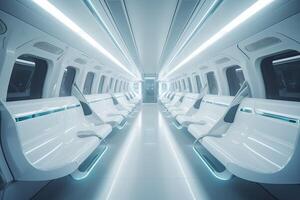 futuristico treno interno dentro Visualizza. futuristico treno interno con vuoto sedili. generativo ai. foto