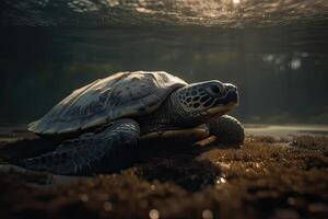 bellissimo subacqueo cartolina. Maldive mare tartaruga galleggiante su e al di sopra di corallo scogliera. caretta nel selvaggio natura habitat. generativo ai. foto