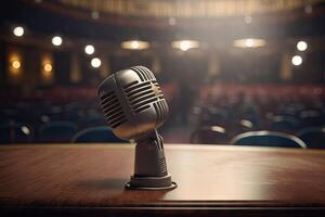 microfono su il Teatro palcoscenico prima il concerto con vuoto posti a sedere e sfocato luci. generativo ai. foto