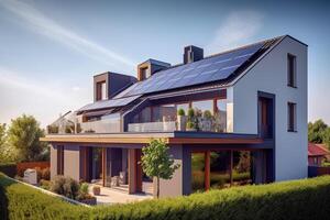 generativo ai illustrazione di un' famiglia casa con fotovoltaico su il tetto foto