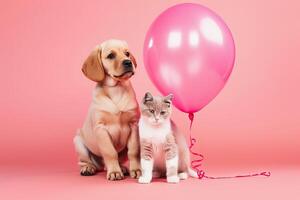 generativo ai illustrazione di un' cucciolo e un' gattino accanto un' rosa Palloncino foto