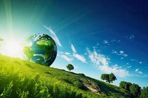 generativo ai illustrazione di un' verde pianeta nel un' bellissimo verde paesaggio con un' blu cielo foto