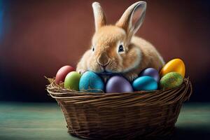 generativo ai illustrazione di un Pasqua coniglietto nel un' cestino con colorato uova foto