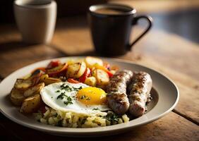 inglese prima colazione con patatine fritte uova, Patata e salsicce. generativo ai. foto