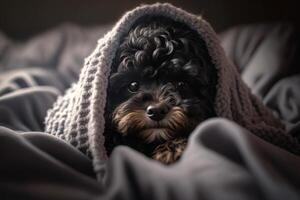 un' giovane maltipoo cane sotto un' lenzuolo. il animale domestico è crogiolarsi sotto il plaid. il concetto di cura per animali domestici. generativo ai. foto