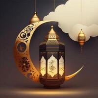 d'oro Ramadan kareem bandiera con Luna, generativo ai foto