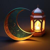 islamico Ramadan vacanza bandiera con raggiante lanterna Luna e moschea finestra portale generativo ai foto