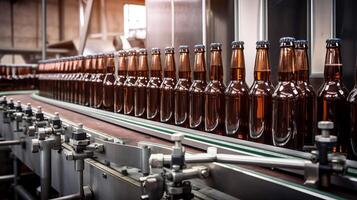 Marrone bicchiere birra bevanda alcool bottiglie, fabbrica di birra trasportatore, moderno produzione linea. generativo ai foto
