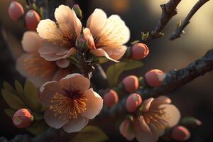 primavera fiore. bellissimo fiori fioritura albero ramo. fresco primavera rami di albero con fiori, naturale floreale di stagione Pasqua sfondo. verdura primavera vicino su. luce del sole. generativo ai. foto