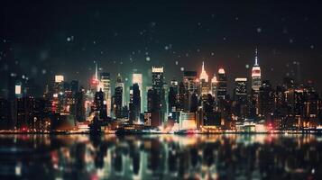 sfocato luci nel città. il bokeh leggero a partire dal edificio e notte città. paesaggio urbano nuovo york. generativo ai. foto