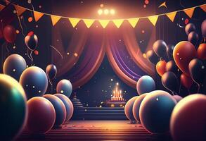 3d illustrazione di palcoscenico con un' lotto di colorato palloncini e coriandoli generativo ai foto