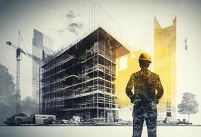 silhouette di ingegnere guardare a costruzione luogo. ingegneria concetto. Doppio esposizione generativo ai foto