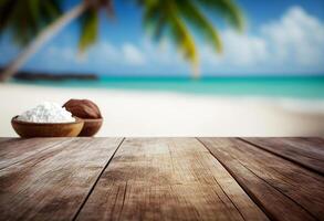 di legno tavolo con Noce di cocco su tropicale spiaggia sfondo. estate vacanza concetto generativo ai foto