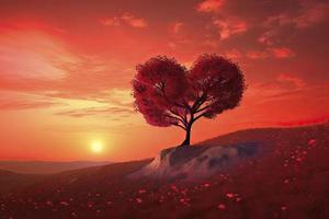 cuore albero amore per natura rosso paesaggio a tramonto foto