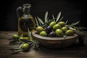 oliva olio con fresco olive su rustico legna vicino su foto