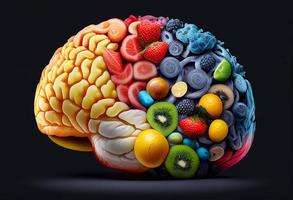 umano cervello fatto di verdure e frutta su nero sfondo. 3d illustrazione foto