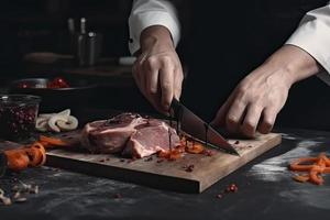 cucinare tagli carne con un' coltello nel il cucina prepara cibo. verdure e spezie su il cucina tavolo nel un' ristorante per preparare un' delizioso pranzo foto