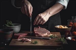 cucinare tagli carne con un' coltello nel il cucina prepara cibo. verdure e spezie su il cucina tavolo nel un' ristorante per preparare un' delizioso pranzo foto