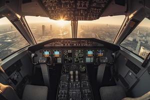 cabina di pilotaggio di moderno passeggeri Jet aereo. piloti a opera. aereo Visualizza di moderno città attività commerciale quartiere e tramonto cielo foto