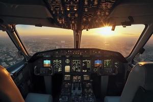 cabina di pilotaggio di moderno passeggeri Jet aereo. piloti a opera. aereo Visualizza di moderno città attività commerciale quartiere e tramonto cielo foto