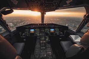 cabina di pilotaggio di moderno passeggeri Jet aereo. piloti a opera. aereo Visualizza di moderno città attività commerciale quartiere e tramonto cielo foto