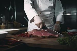 cucinare tagli carne con un' coltello nel il cucina prepara cibo. verdure e spezie su il cucina tavolo nel un' ristorante per preparare un' delizioso pranzo foto