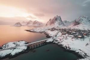 aereo Visualizza di lofoten isole nel inverno a tramonto nel Norvegia. paesaggio con blu mare foto