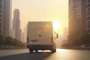 posteriore angolo Visualizza di consegna camion correre su il strada con Alba paesaggio urbano, veloce consegna, carico logistica foto