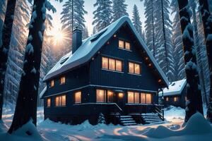 un' neve - coperto Casa nel il foresta con blu luci ai generato foto