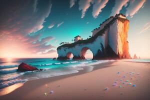 un' pittura di un' spiaggia con un' scogliera nel il sfondo ai generato foto
