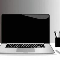 moderno professionale il computer portatile impostare nel un' contemporaneo ufficio. generativo ai foto