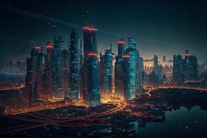 notte città informatica punk paesaggio concetto. leggero raggiante su buio scena. notte vita. tecnologia Rete per 5 g. al di là generazione e futuristico di fantascienza capitale città e edificio scena. generativo ai. foto